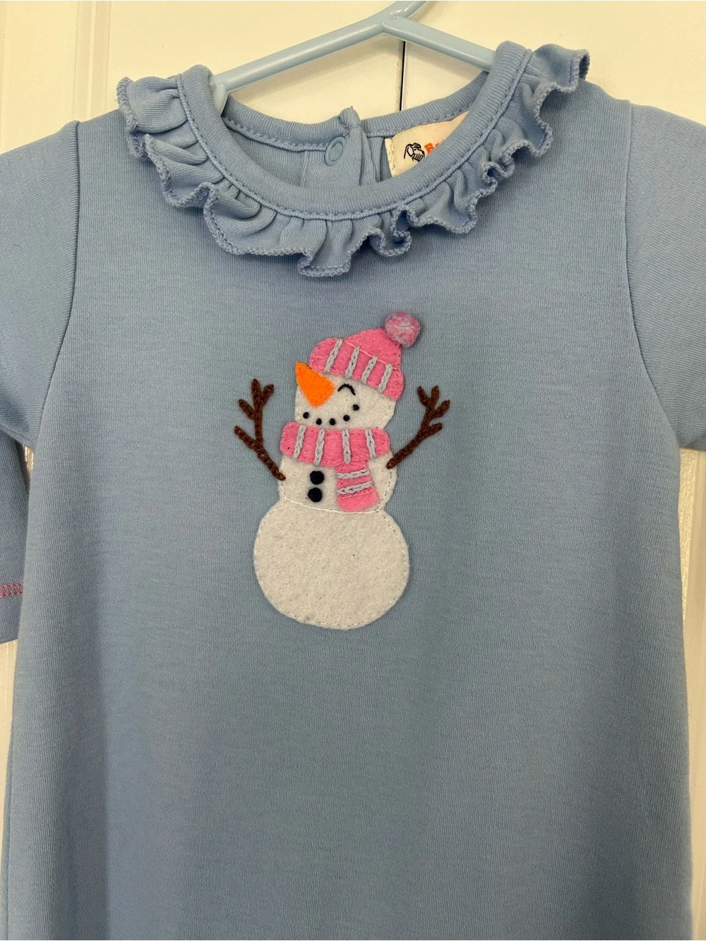 Baby Luigi Girls 6M Blue Snowman Knit Coverall One-Piece Ruffle Snap Winter